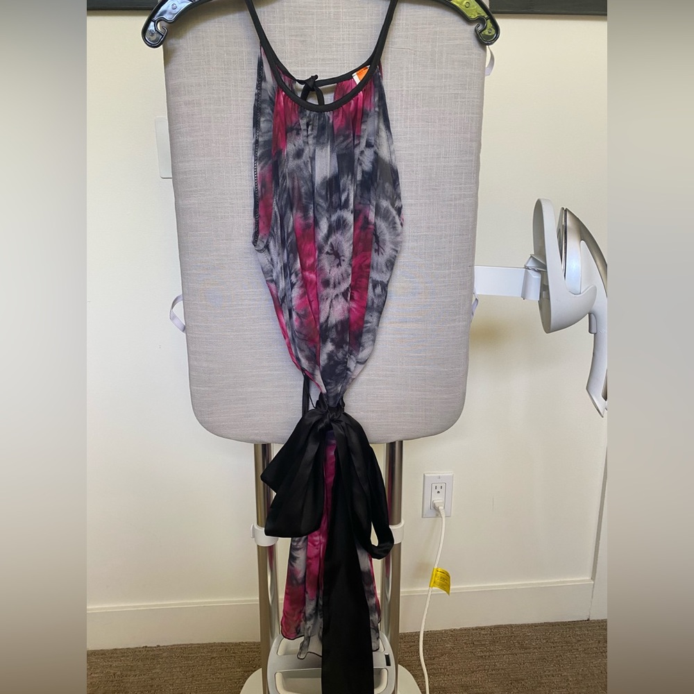 Tie Dye Polyester & Silk Trim Dress W/ Silk Belt (Small) (Purple,Black, Gray)